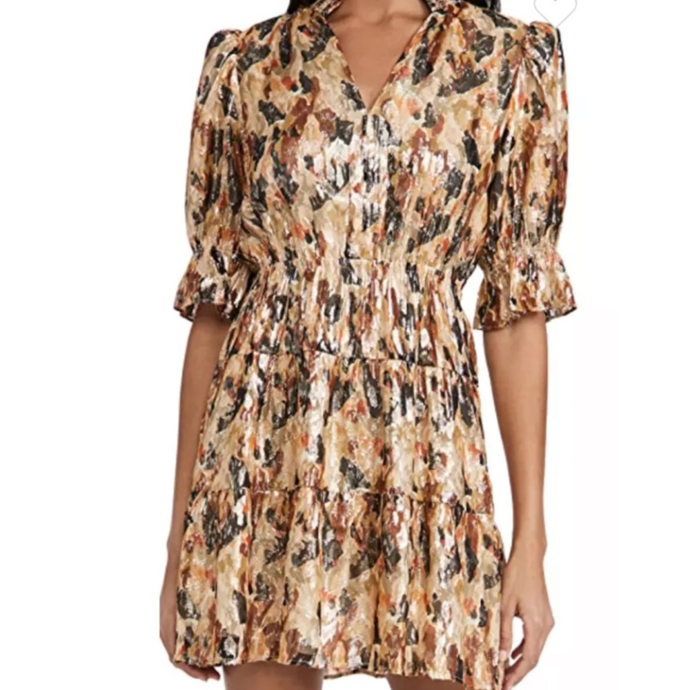 Ba&Sh Gloria Metallic Silk Print Smocked Mini Dress